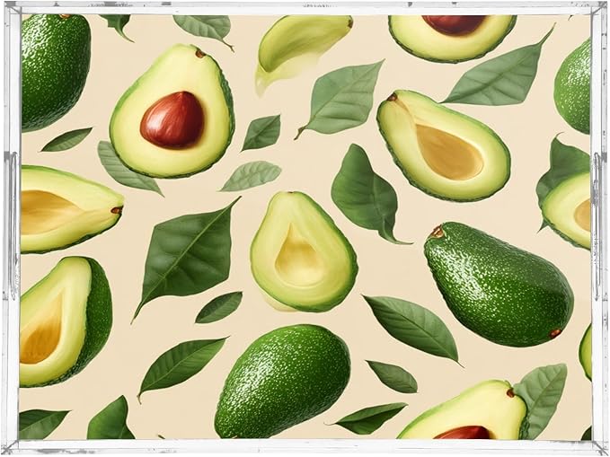 Serving Tray with Handles Clear Acrylic Tray 12x16 Inch Decorative Rectangular Tray Organizer for Ottoman Coffee Table Bathroom Nature Avocados Leaves