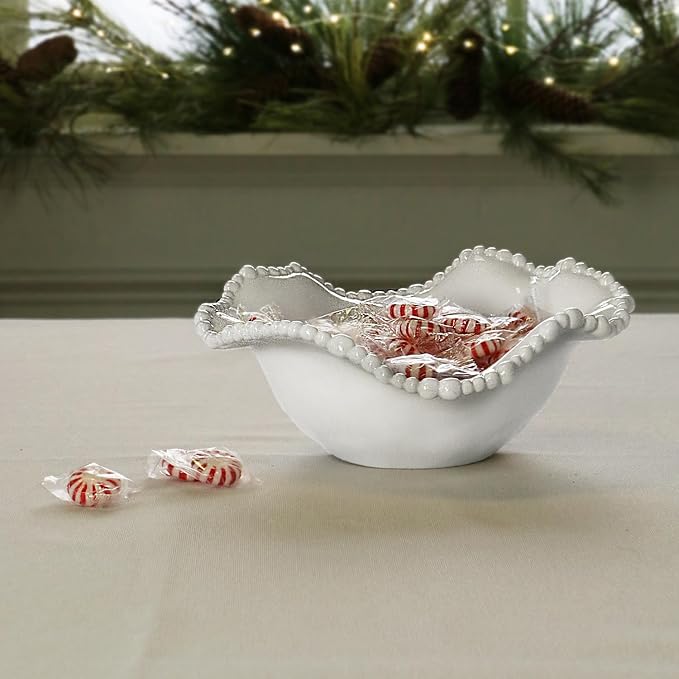 Beatriz Ball Alegria Small Sauce Bowl in White – Elegant Melamine Bowl with Pearl Beaded Rim, Ideal for Sauces, Dips, Nuts & Candy – Durable, Dishwasher Safe, BPA-Free Serving Bowl