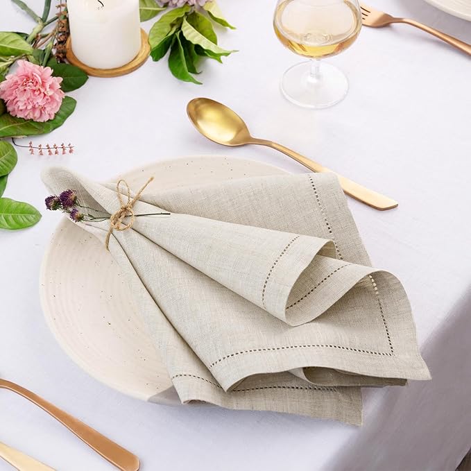 D'Moksha Homes Light Natural Linen Napkins Set of 8 - Classic Hemstitch 100% Pure Linen Hemstitch Dinner Napkins 20 x 20 Inch for Christmas, Holiday, New Year - Handcrafted and Machine Washable