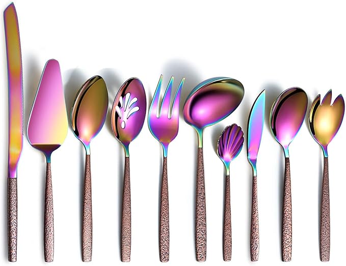 Berglander Silverware Serving Set 10 Pieces With Moon Surface Handle And Shiny Rainbow Mouth Titanium Plating, Stainless Steel Modern Colorful Flatware Serving Set Serving Spoons Serving Utensils