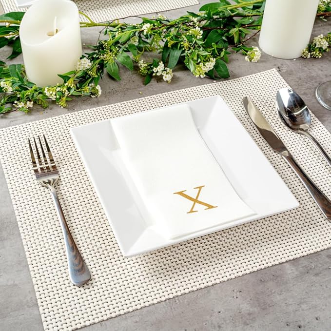 Luxenap 15.8 X 7.9 Inch Linen-Feel Guest Towels, 50 Lettered Hand Towels - Gold Letter 'X', Sans Serif Font, White Paper Dinner Napkins, airlaid, For Restrooms And Tables - Restaurantware