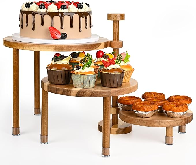 GEHE 3 Tier Round Cupcake Stand, 360° Rotatable Acacia Wood Cake Stand Cupcake Tower, Rustic Wooden Tiered Dessert Table Display Set, Tiered Tray Stands for Birthday, Wedding Party