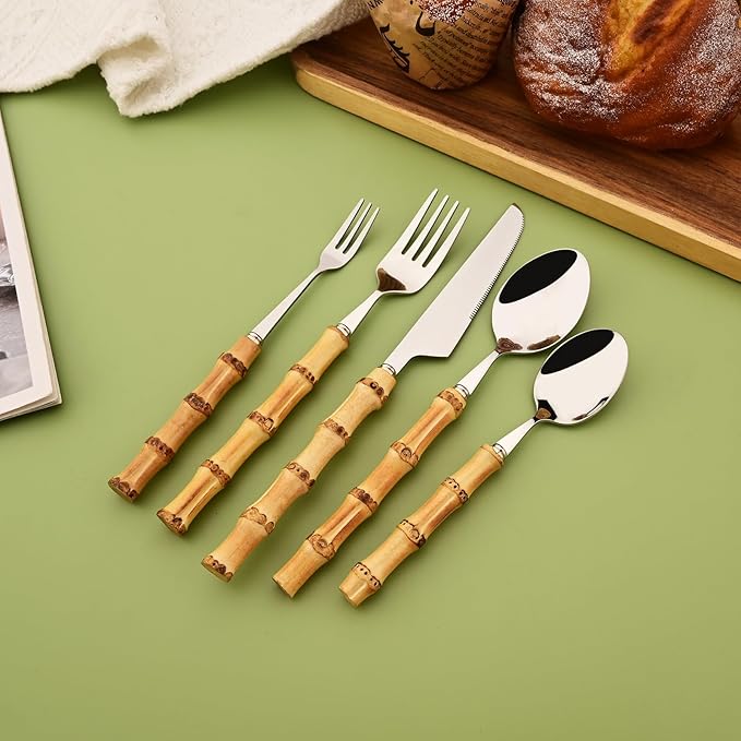 Mirror Polished Silverware Set for 8 - Bamboo Handle Cutlery Set - Stainless Steel Flatware Serving Set for Home Restaurant Wedding and Parties - 40 Pieces Eating Utensils