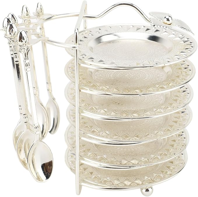 Keenso European Style Metal Plate Set, Zinc Alloy Elegant Cake Serving Tray with Spoon for Fruits Pasta Snacks Parties (Silver)