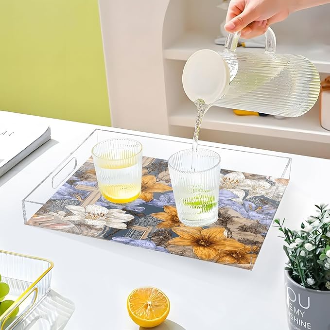 Serving Tray with Handles Clear Acrylic Tray 12x16 Inch Decorative Rectangular Tray Organizer for Ottoman Coffee Table Bathroom Blue Lily Cross Easter