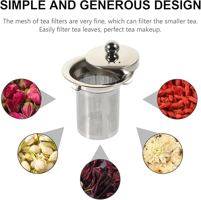 Hemoton Stainless Steel Tea Strainer with Lid Large Loose Leaf Tea Infuser Replacement for Teapots Cups and Pitchers Easy to Clean Mesh Filter 4X3.3 Inch