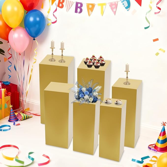 Eapmic Pedestal Stands for Party, Cake Pedestal Stand, Dessert Table Display Plinth Pillars, Sculpture Display Column Decoration Cube for Wedding Birthday (Gold, Square-6Pcs(31.49"+25.59"+23.62"))