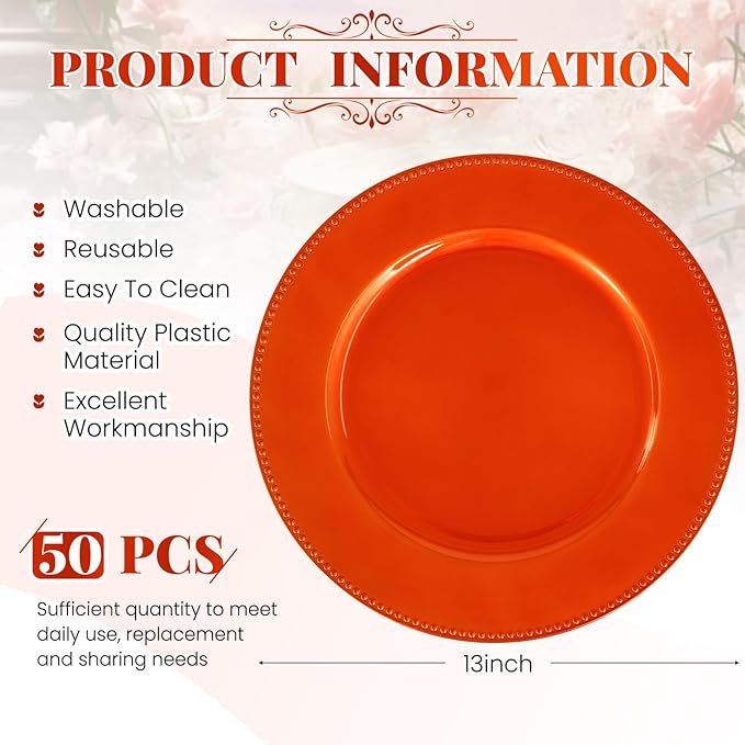 50 Pcs Orange Charger Plates Bulk, 13" Round Beaded Plate for Dinner, Decorative Plastic Table Chargers for Wedding, Holiday Party, Baby Shower, Event Decoration