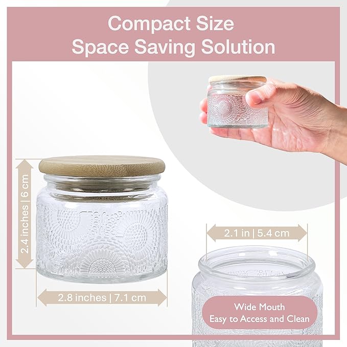 4 oz Grey Mini Glass Jars with Airtight Bamboo Lids 6 pack, Decorative Small Food Storage Canister, Vintage Embossed Home Décor Candle Parties Wedding Baby Shower Favors Gift