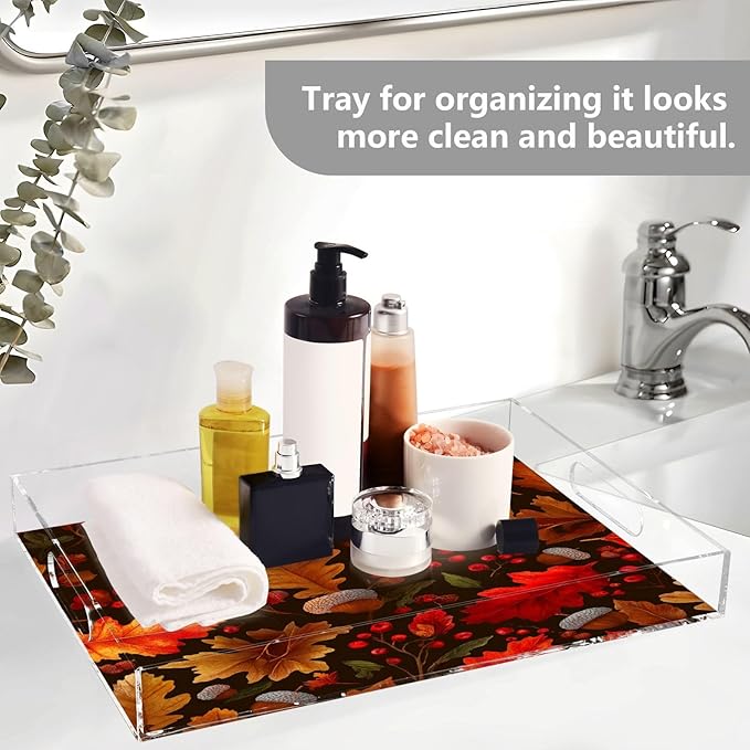Serving Tray with Handles Clear Acrylic Tray 12x16 Inch Decorative Rectangular Tray Organizer for Ottoman Coffee Table Bathroom Autumn Maple Leaves Acorns Berries