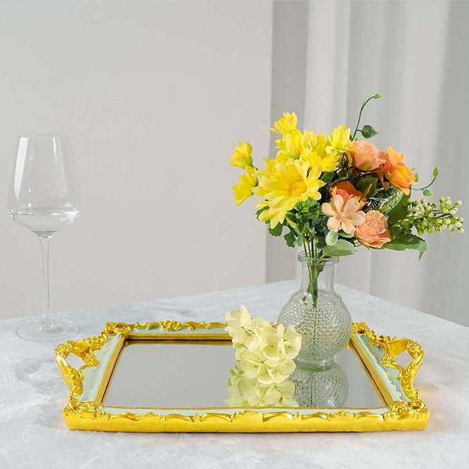 Efavormart Metallic Gold/Mint Green Resin Decorative Serving Tray - Rectangle Mirrored Vanity Tray - 15"x10"