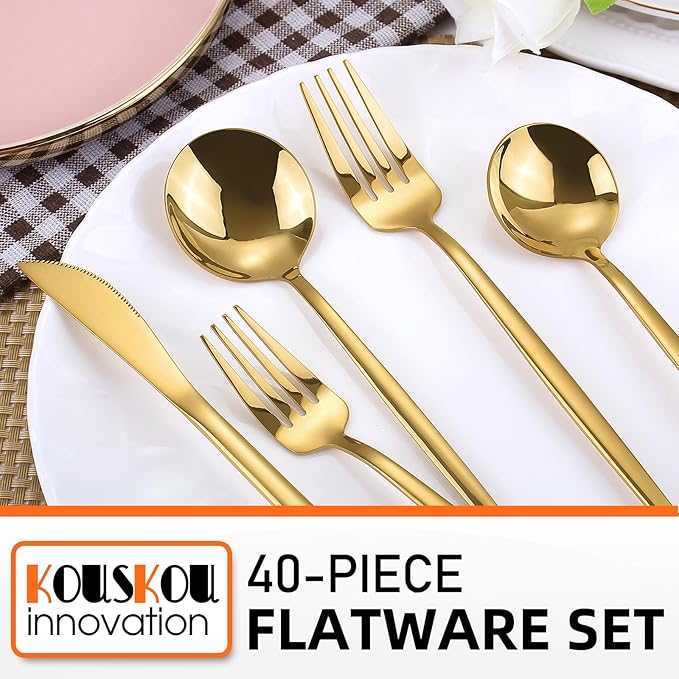 Mirror Gold Silverware Set, 40-Piece Flatware Cutlery Sets Service for 8, Mirror Polished Tableware Set, Utensils for Kitchens, Home and Restaurant, Dishwasher Safe