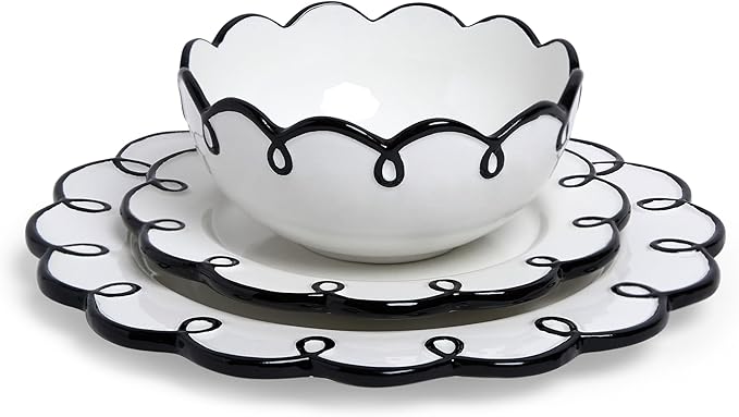 Sango 12-Piece Earthenware Dinnerware Set for 4, Glossy White Plates and Bowls Sets with Black Scalloped Rims, Premium Dish Set, Holiday Dishes for Gifting & Hosting Christmas Party, Splash of Cheers