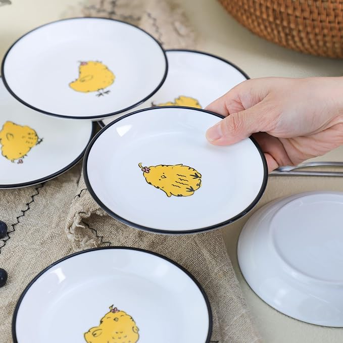 SOCOSY Cute Cartoon Animals Seasoning Dishes Sauce Dishes Sushi Dipping Bowls Appetizer Plates Little Cat Feeding Plates, Serving Dish for Home Kitchen Restaurant-Chicks-5 Inch, Set of 6