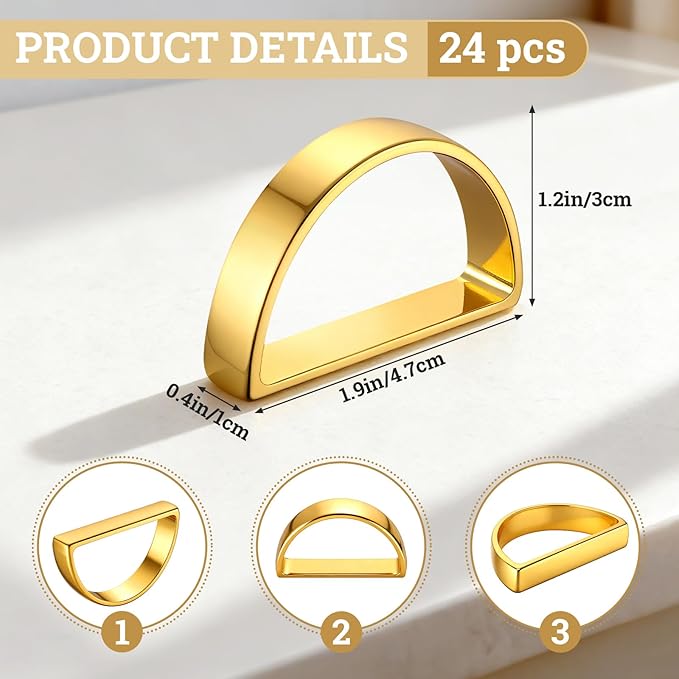 Suream Stainless Steel Napkin Rings, 24 Packs Napkin Ring Holders for Table Kitchen Dinner Party Wedding Decoration(Bright Gold Semicircle)