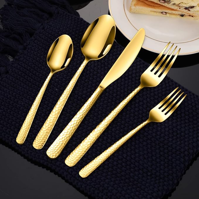 Hammered Silverware Set, 30 Pieces Flatware Set Service for 6, Mirror Polished Cutlery Utensil Set Include Fork Knife Spoon Set Dishwasher Safe, Premium Stainless Steel (Gold-30)