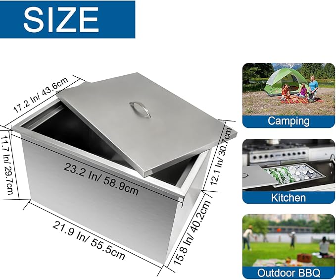 Drop in Ice Chest with Cover Stainless Steel Ice Cooler Included Drain-Pipe and Drain Plug Drop in Ice Bin Outdoor Kitchen for Cold Wine Beverage