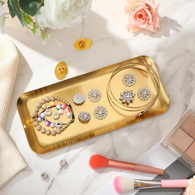 Vesici 12 Pcs 8.66 x 3.82 inches Small Gold Tray Bulk, Stainless Steel Rectangle Serving Trays Trinket Decorative Bathroom Tray for Vanity Jewelry Makeup Towel, Dish Plate Tea Fruit Storage Platter