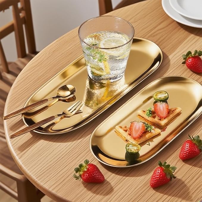 9x3.8Inch Gold Stainless Steel Decorative Tray, Oval Stainless Steel Small Serving Trays for Tea Fruit, Jewelry Plate, Decorative Storage Tray