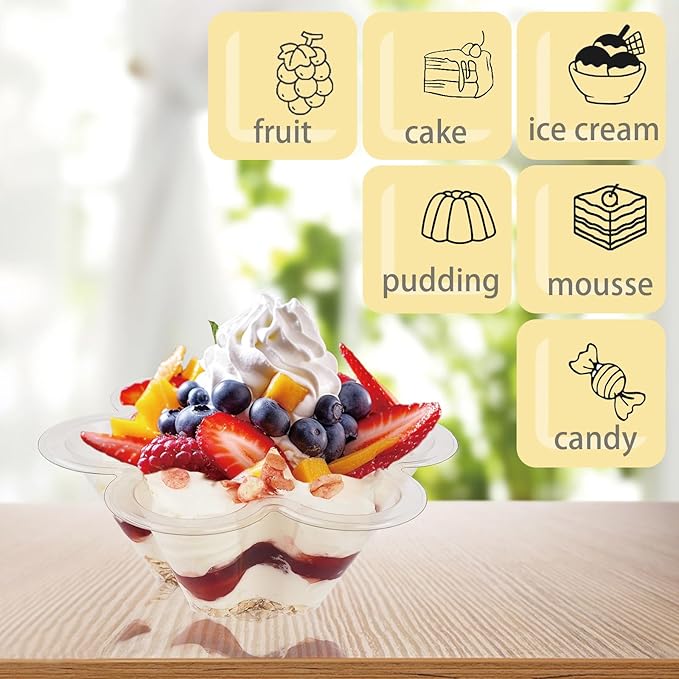100ct 8oz Plastic Dessert Cups with Spoons, Clear Flower shaped Ice Cream Bowls, Party Sundae Serving Bowls, Parfait Appetizer Cups for Ice Cream, Nuts, and Salad