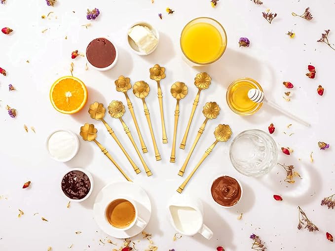 10 Pcs Flower Spoon Coffee Teaspoon Set, Stainless Steel Tableware Creative Dessert Spoons Sugar Coffee Teaspoon Ice-Cream Mixing Stir Bar Ice Tea Spoon (Gold)