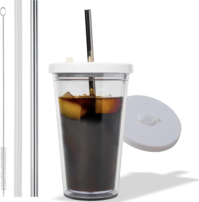 Kensal Home Reusable Iced Coffee Cup (16 Oz/Grande), Leak Proof and Double Wall Insulated Iced Coffee Tumbler, Come with Reusable Plastic and Metal Straws and Straw Cleaner - White