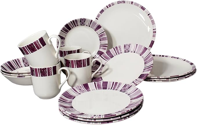 Tudor 16-Piece Premium Quality Round Porcelain Dinnerware Set,BOHEME PURPLE, Service for 4, See 10 Designs Inside!