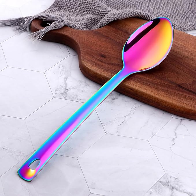 13-Inch Big Serving Spoons Set, TEHAHA Stainless Steel Long Handle Buffet Serving Spoons Set (2, Rainbow)