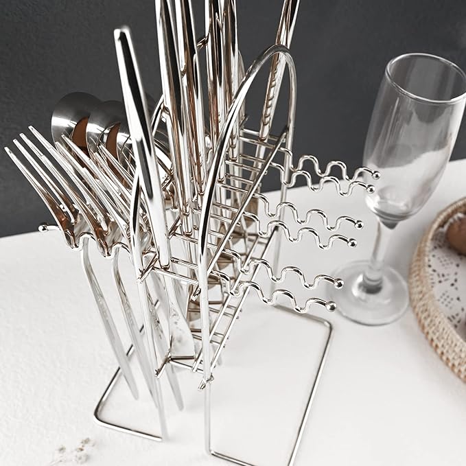 JASHII Mint Green and Silver Hanging Flatware Set Include Knife Fork Spoon Teaspoon and Stand, 24pcs Stainless Steel Utensils Set Service for 6,Modern Design & Mirror Polished, Great Gift