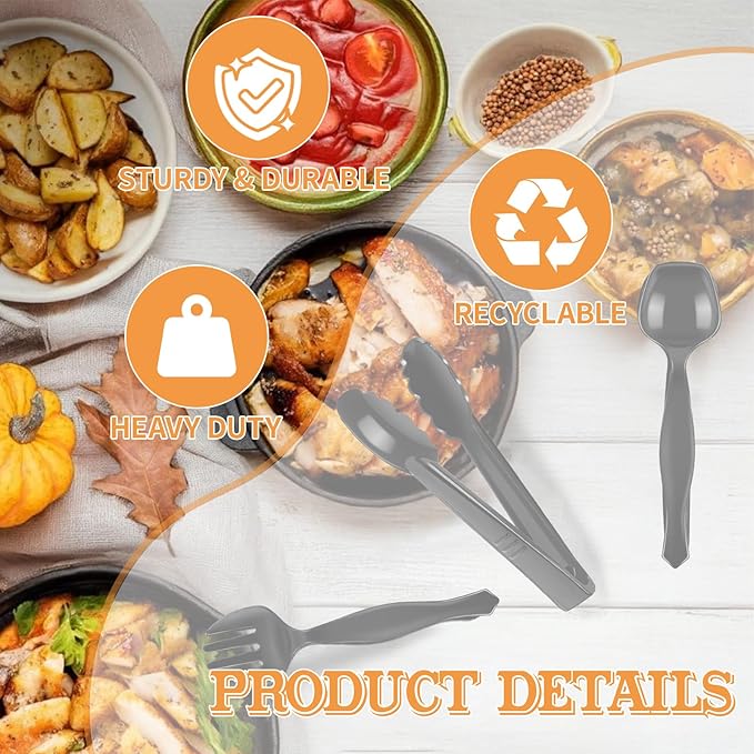 30 Pcs Black Plastic Serving Utensils Set - Includes 10 Spoons, 10 Tongs, 10 Forks - Heavy Large Disposable Serving Utensils for Parties, Holidays & Events,Gatherings