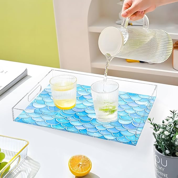 Serving Tray with Handles Clear Acrylic Tray 12x16 Inch Decorative Rectangular Tray Organizer for Ottoman Coffee Table Bathroom Blue Fish Scale Pattern