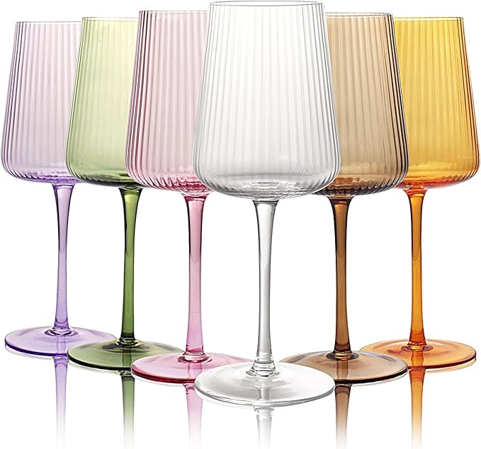 Hand Blown Ribbed Wine Glasses with stem, Lead-Free Crystal Glasses, Luxury Gift, Set of 6, Unique, 18oz Premium Wine Goblet, Large capacity, Fluted Design (6pcs mixed colored)