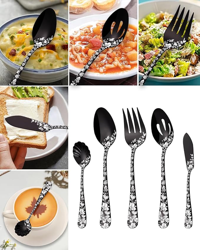 Stapava 45-Piece Black Silverware Set with Serving Utensils for 8, Stainless Steel Flatware Cutlery Set for Home and Restaurant, Mirror Tableware Include Forks Spoons Knives, Dishwasher Safe