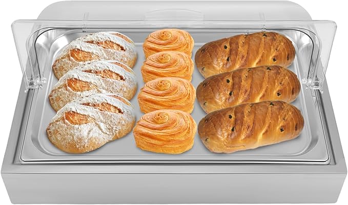 Countertop Ice Food Serving Display Tray with Clear Roll Top, 3L Chilled Serving Tray, Cold Serving Cooler Platter, 22" X 14" Cooling Food Dishes Display Plate Case for Party (Double-Grid)