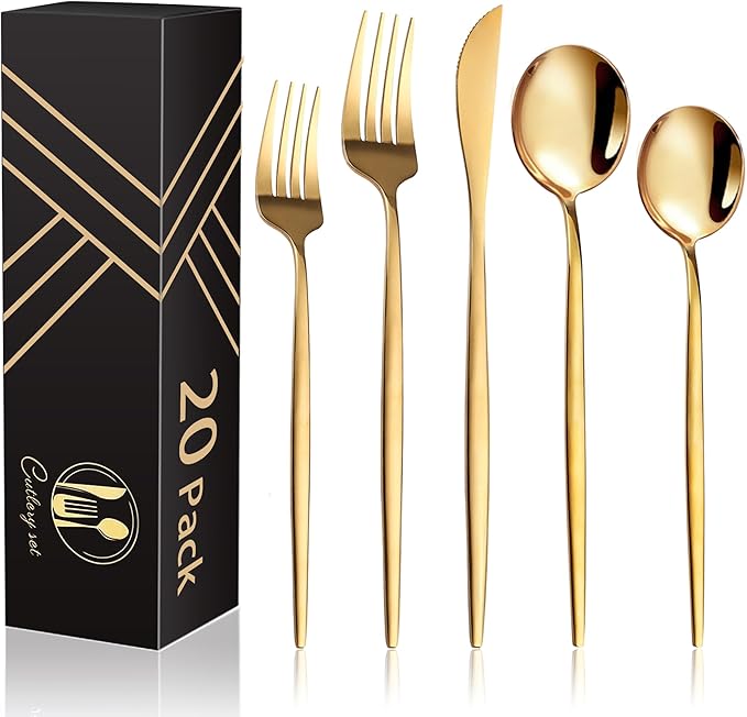 20-Piece Gold Silverware Set for 4, Titanium Golden Stainless Steel Flatware Set, Golden Cutlery Set for Home and Restaurant, Daily Utensil, Mirror Polished, Dishwasher Safe, Serving for 4