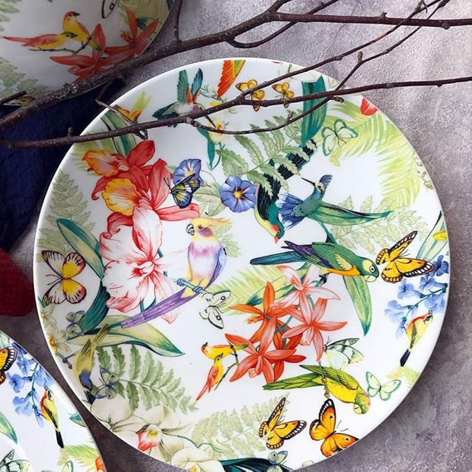 SHINING Porcelain Bone China Dinnerware Ceramic Floral Design Tableware Service Plate Mug Bowl Set (White 8" Plate)