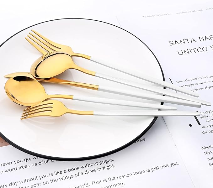 30-Piece Snplowum Mirror Flatware Serving Set, 18/0 Stainless Steel Dinnerware With White Handle, Modern Durable Home Kitchen Eating Tableware Set Service For 6 (White Gold)