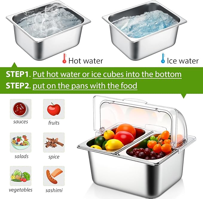 Countertop Food Serving Display Container and Clear Roll Top Cover Half Size Stainless Steel Food Serving Tray Condiment Dispenser with 2 Removable Containers for Restaurant Kitchen Buffet