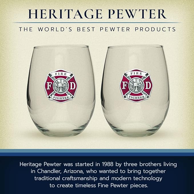 Heritage Pewter Firefighter Stemless Glass Goblets – Set of 2 | 15 OZ Goblet Wine Glasses | Expertly Crafted Pewter Glass