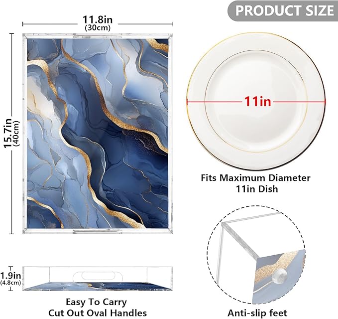 Acrylic Clear Trays Marble Silver Navy Blue Acrylic Serving Trays with Handles 12 x 16 Serving Tray Clear Spill-Proof