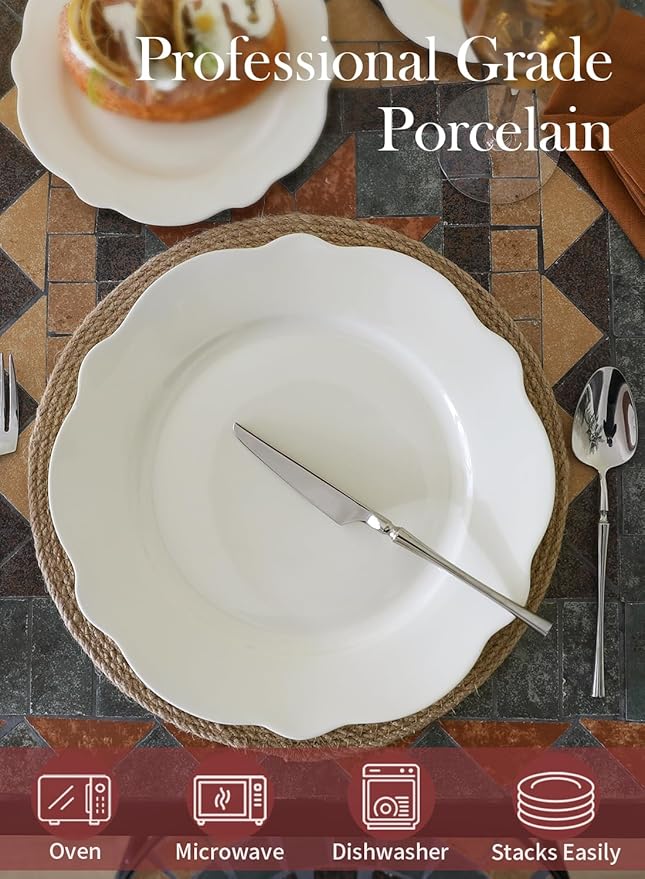 OMAYKEY Ceramic Dinner Plates Set of 8, 10.5 Inch Porcelain Salad Dessert Round Lotus Plates, Microwave, Oven and Dishwasher Safe, Kitchen Serving Dishes Plates for Lunch, Party, Wedding, Restaurant