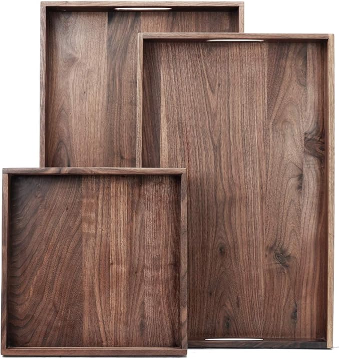 Set of 3 Large Solid Black Walnut Wood Ottoman Tray with Handles, Serve Tea, Coffee or Breakfast in Bed, Classic Wooden Decorative Serving Tray, L+M+S