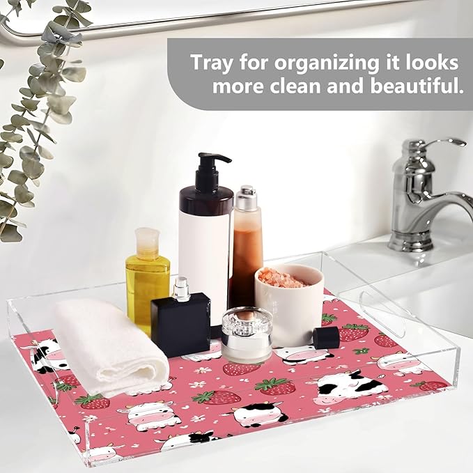Serving Tray with Handles Clear Acrylic Tray 12x16 Inch Decorative Rectangular Tray Organizer for Ottoman Coffee Table Bathroom Cows Strawberry Flower