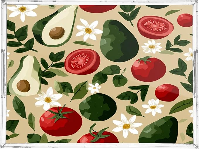 Serving Tray with Handles Clear Acrylic Tray 12x16 Inch Decorative Rectangular Tray Organizer for Ottoman Coffee Table Bathroom Avocados Tomatoes Floral Leaves Beige