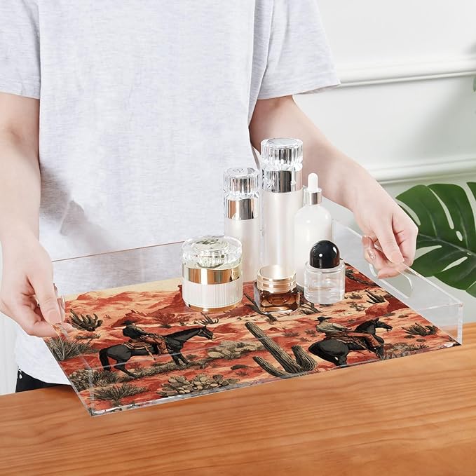 Serving Tray with Handles Clear Acrylic Tray 12x16 Inch Decorative Rectangular Tray Organizer for Ottoman Coffee Table Bathroom Cowboys Horses Cactus Desert
