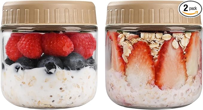 Overnight Oats Containers with Lids, 10oz Glass Jars with Lids 2 pcs, Taffy, Wide Mouth Mason jars for Salad, Yogurt, Snacks, Meal Prep