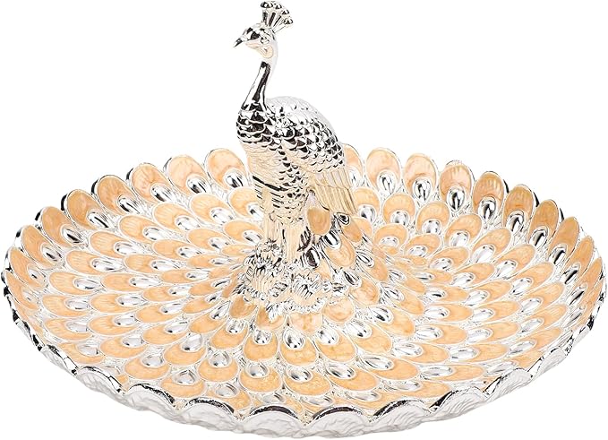 Peacock Shape Fruit Dish Tray, Decorative Storage Tray, Zinc Alloy Metal Snacks Plate Round Platter Serving Tray Cookie Storage Bowl for Home Party Cakes Cookies Candy (Silver Orange)