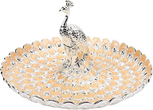 Peacock Shape Fruit Dish Tray, Decorative Storage Tray, Zinc Alloy Metal Snacks Plate Round Platter Serving Tray Cookie Storage Bowl for Home Party Cakes Cookies Candy (Silver Orange)