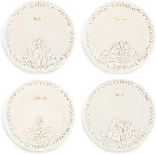 DEMDACO Christmas Journey Nativity Scene White 7.5 Inch Diameter Earthenware Faith, Religious, Decorative Holiday Tabletop Décor, Serving, Entertaining, Round, Appetizer Plates, Set of 4, Nativity