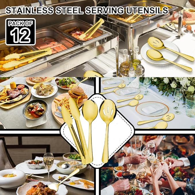 12PCS Gold Stainless Steel Serving Utensils Sets - Large Serving Spoons,Slotted Spoons,Serving Tongs,Utensills Sets for Buffet Catering Banquet Party